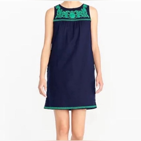 J. Crew Factory Dresses & Skirts - J Crew Factory Shift Dress Med Navy Blue Green Embroidered Linen Blend Pockets